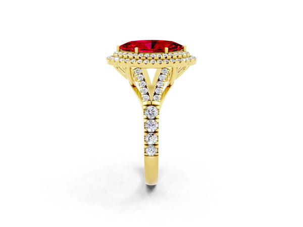 Yellow gold Double Halo Marquise Cut Ruby Pavé Split Shank Ring with Prong Setting