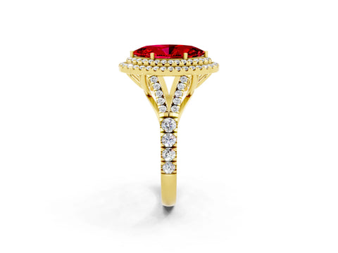 Yellow gold Double Halo Marquise Cut Ruby Pavé Split Shank Ring with Prong Setting_2
