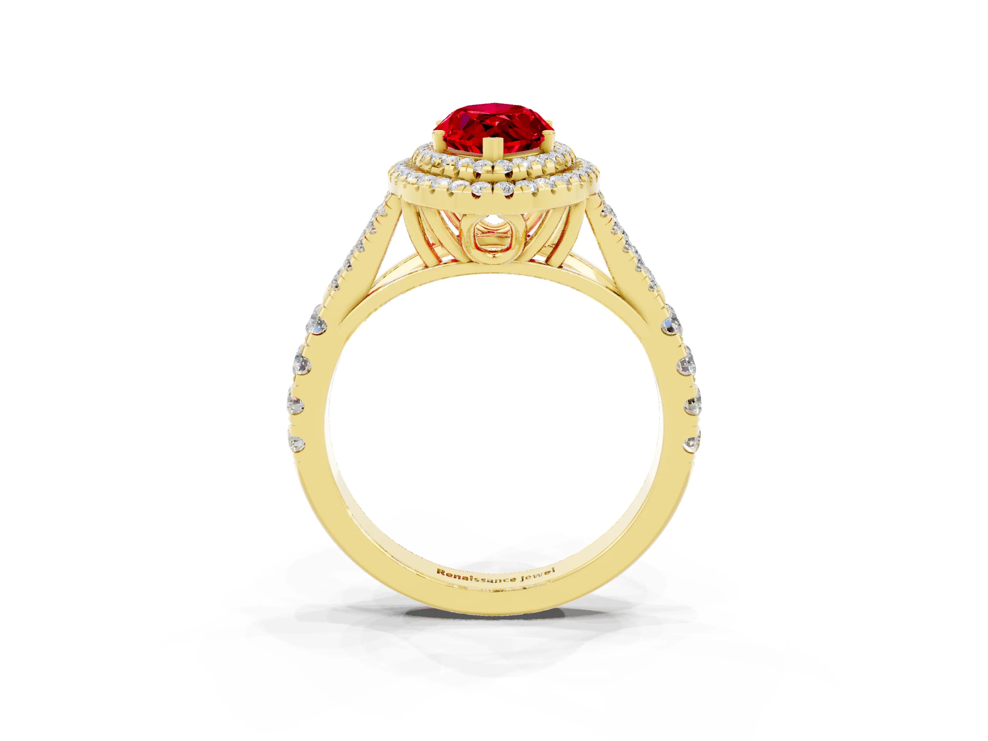 Yellow gold Double Halo Marquise Cut Ruby Pavé Split Shank Ring with Prong Setting_3