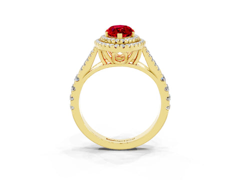 Yellow gold Double Halo Marquise Cut Ruby Pavé Split Shank Ring with Prong Setting_3