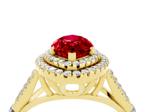 Yellow gold Double Halo Marquise Cut Ruby Pavé Split Shank Ring with Prong Setting_4