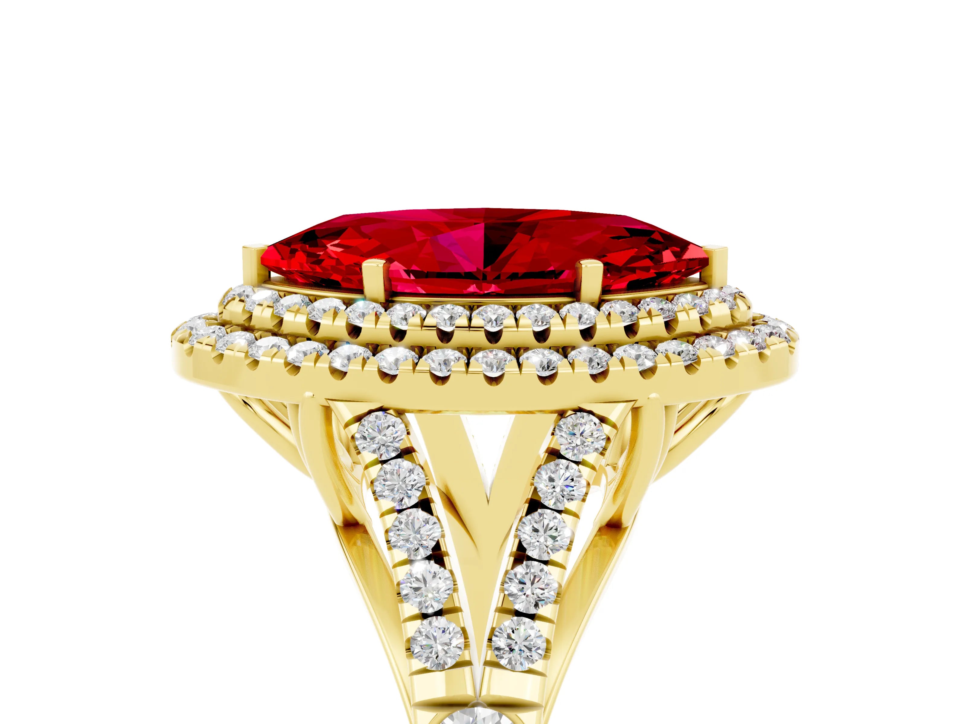 Yellow gold Double Halo Marquise Cut Ruby Pavé Split Shank Ring with Prong Setting_5