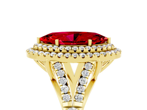 Yellow gold Double Halo Marquise Cut Ruby Pavé Split Shank Ring with Prong Setting_5
