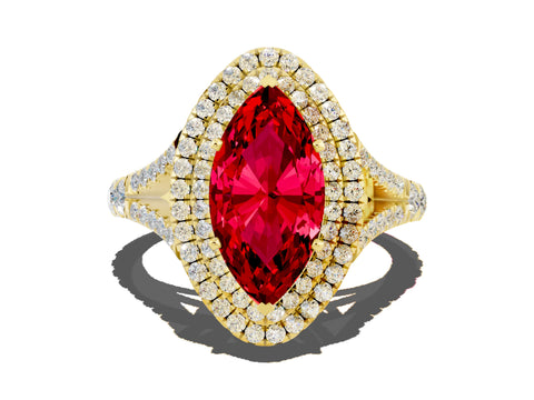 Yellow gold Double Halo Marquise Cut Ruby Pavé Split Shank Ring with Prong Setting