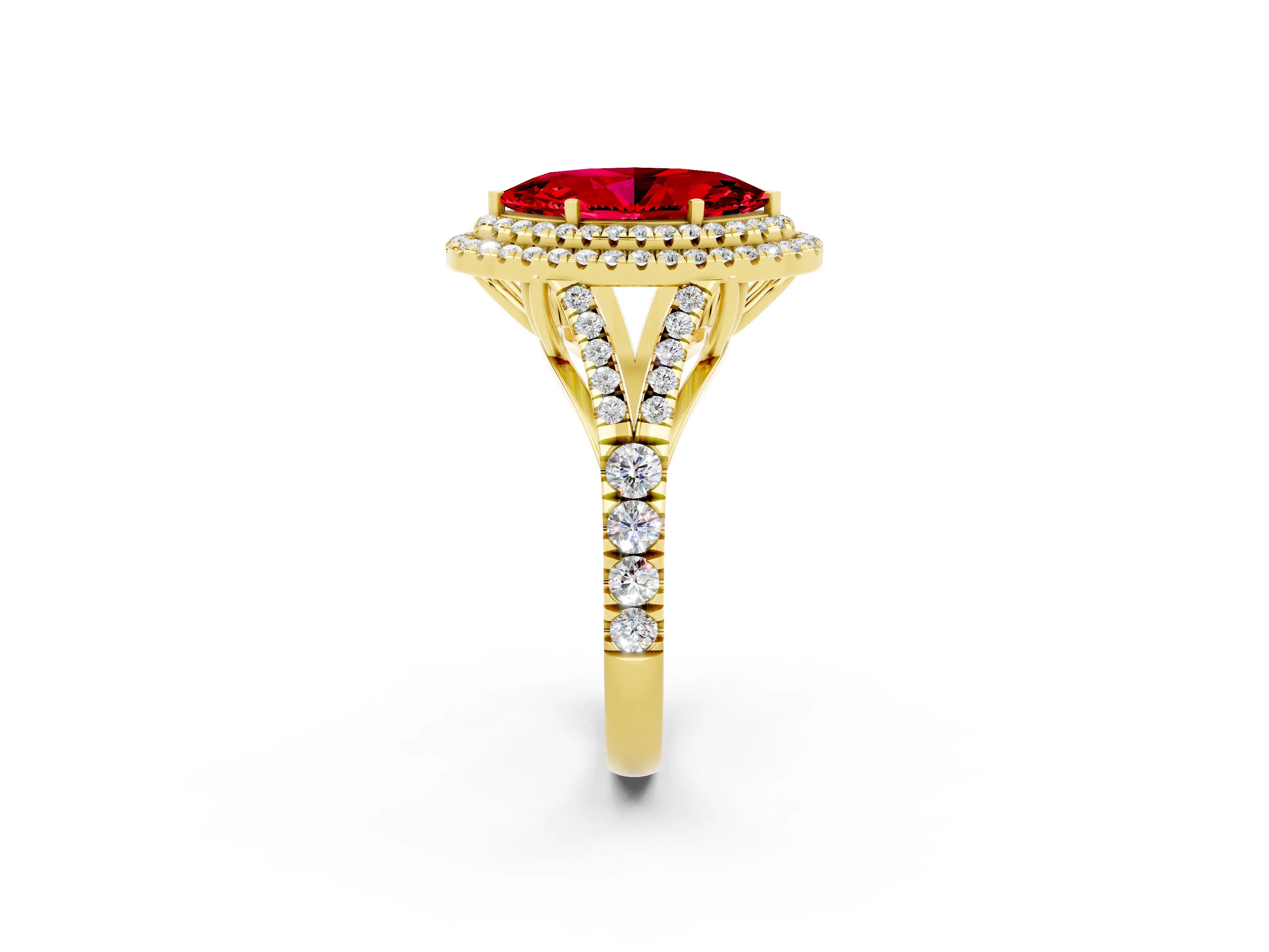 Yellow gold Double Halo Marquise Cut Ruby Split Shank Engagement Ring with Four-Prong Setting_2