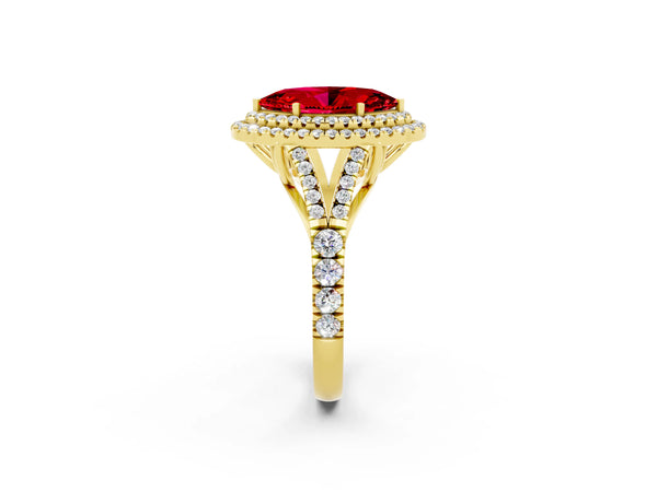 Yellow gold Double Halo Marquise Cut Ruby Split Shank Engagement Ring with Four-Prong Setting