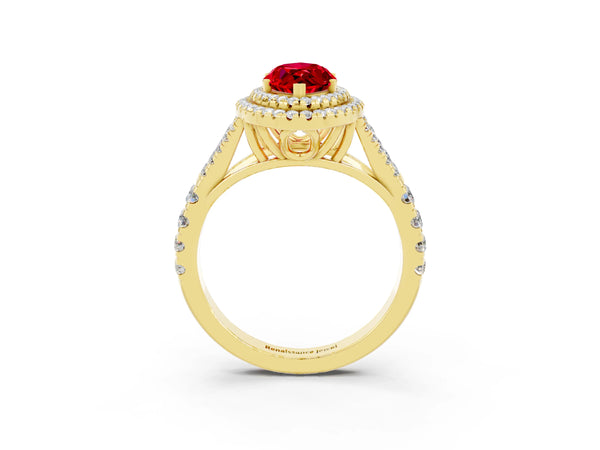 Yellow gold Double Halo Marquise Cut Ruby Split Shank Engagement Ring with Four-Prong Setting
