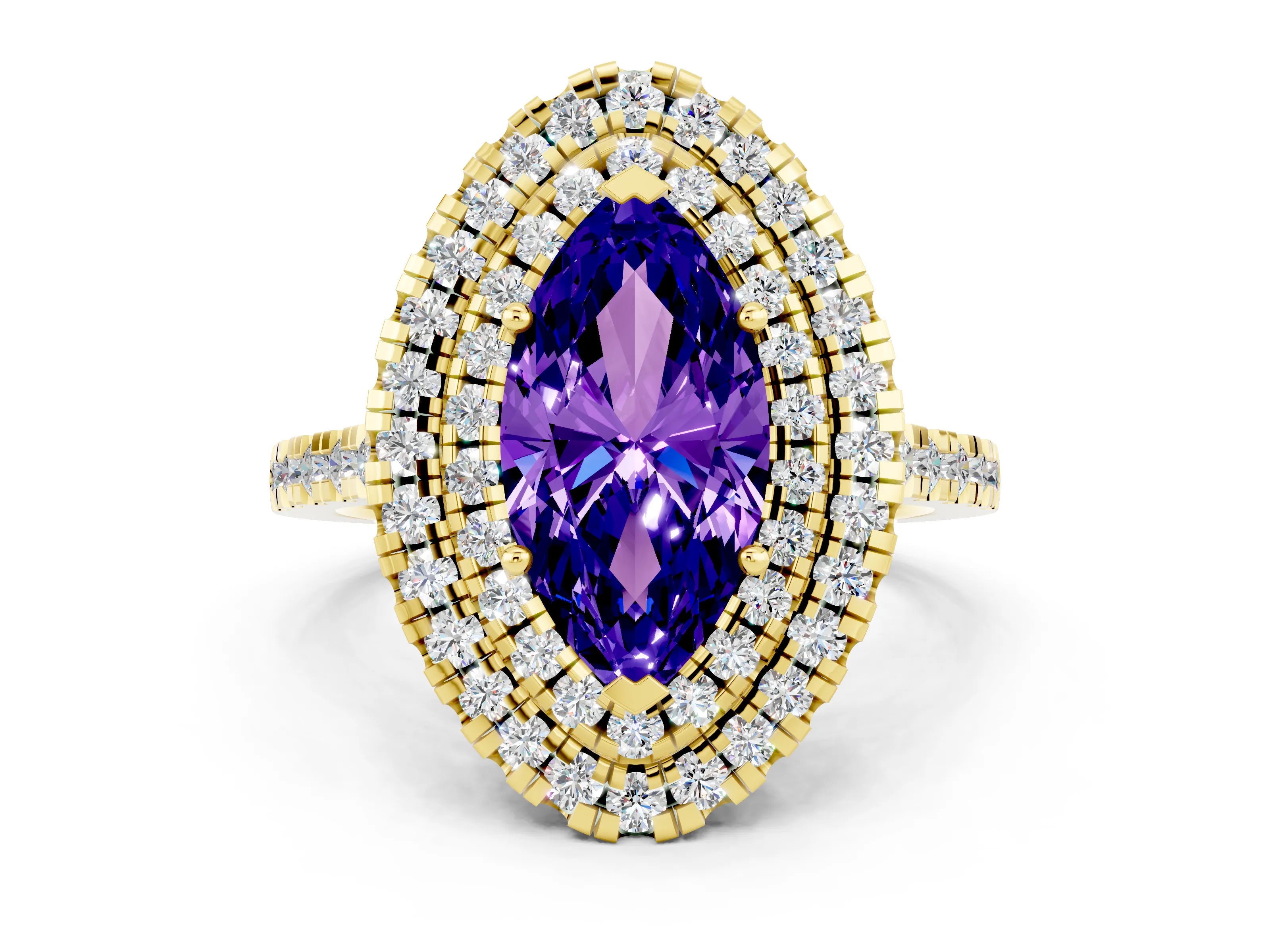 Yellow gold Double Halo Marquise Cut Tanzanite Pavé Band with Four-Prong Setting