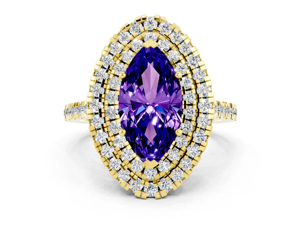 Yellow gold Double Halo Marquise Cut Tanzanite Pavé Band with Four-Prong Setting