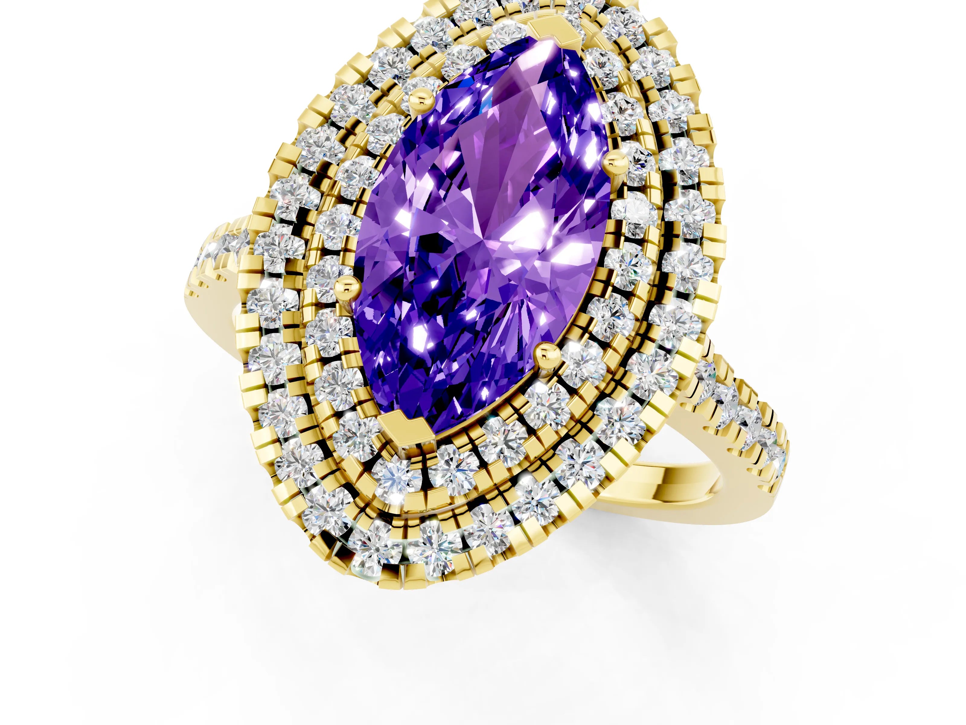 Yellow gold Double Halo Marquise Cut Tanzanite Pavé Band with Four-Prong Setting_1