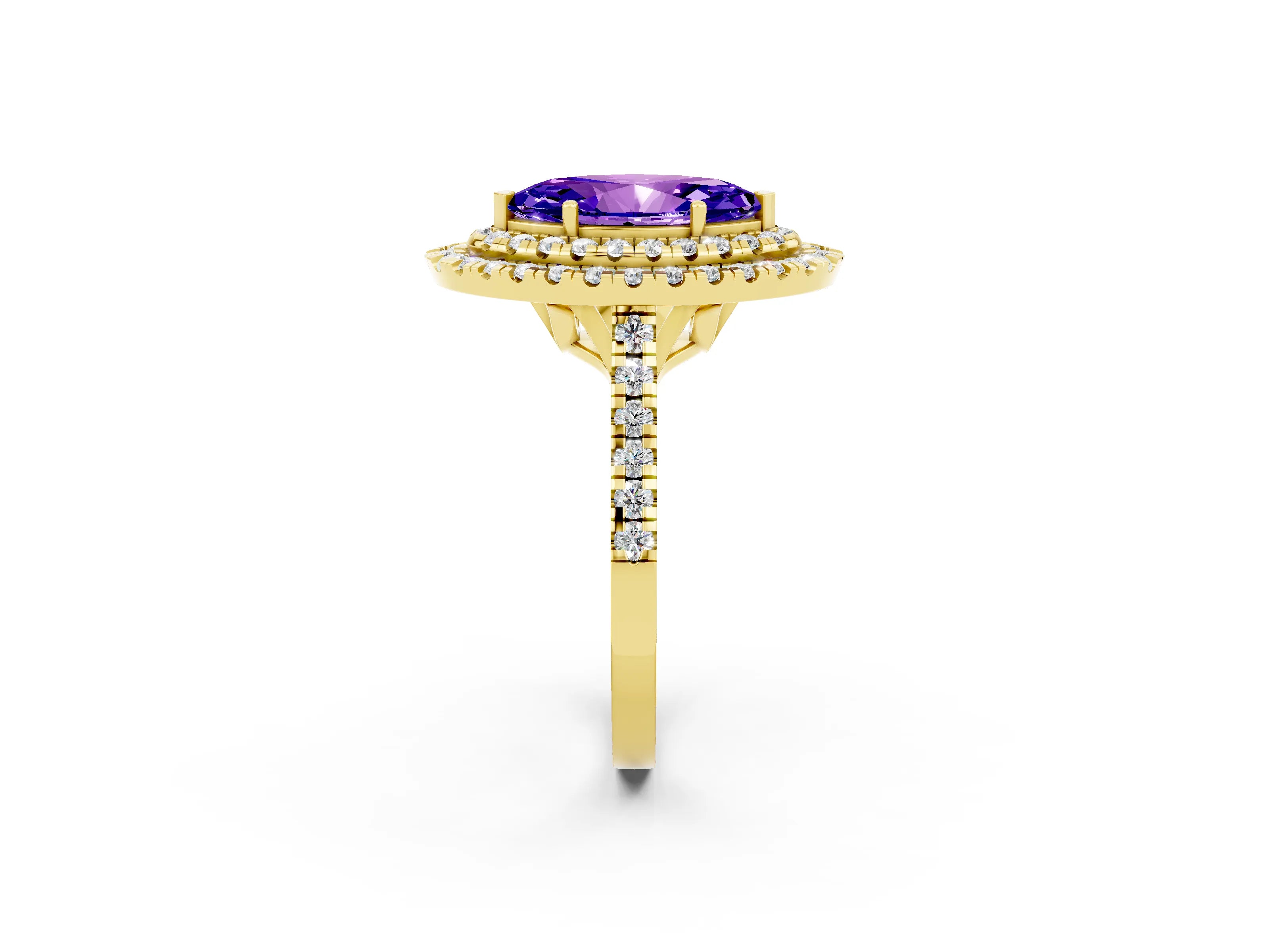 Yellow gold Double Halo Marquise Cut Tanzanite Pavé Band with Four-Prong Setting_2