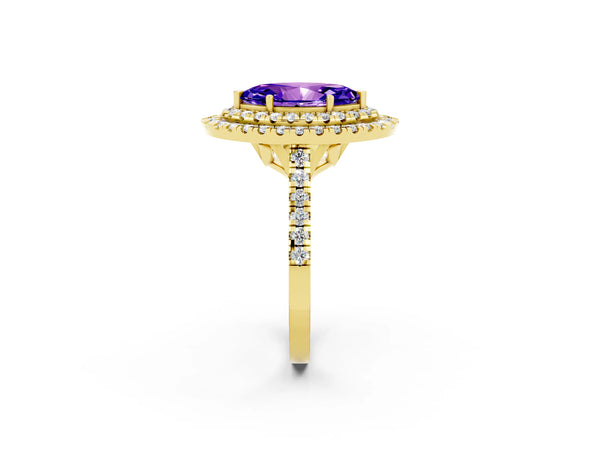 Yellow gold Double Halo Marquise Cut Tanzanite Pavé Band with Four-Prong Setting