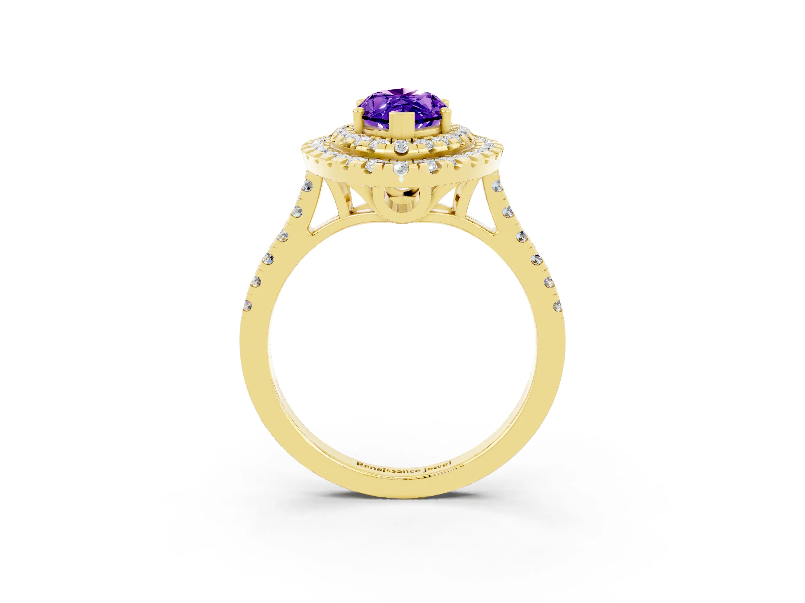 Yellow gold Double Halo Marquise Cut Tanzanite Pavé Band with Four-Prong Setting_3