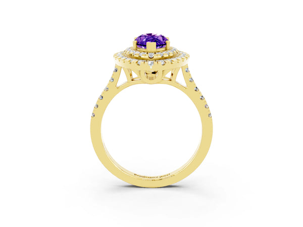 Yellow gold Double Halo Marquise Cut Tanzanite Pavé Band with Four-Prong Setting