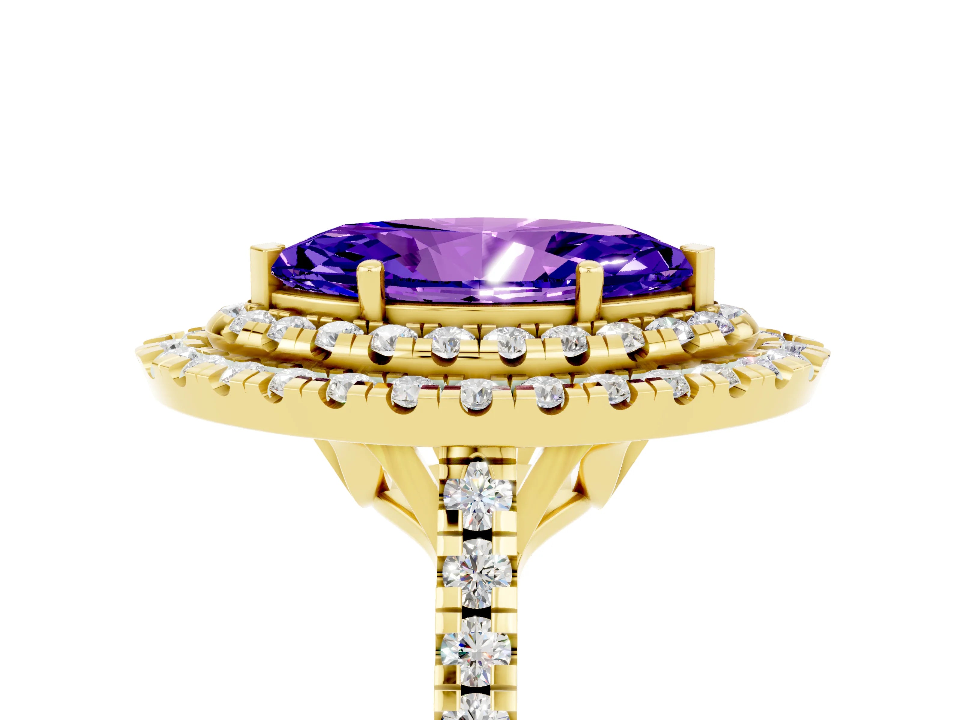 Yellow gold Double Halo Marquise Cut Tanzanite Pavé Band with Four-Prong Setting_5
