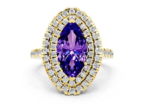 Yellow gold Double Halo Marquise Cut Tanzanite Pavé Band with Four-Prong Setting