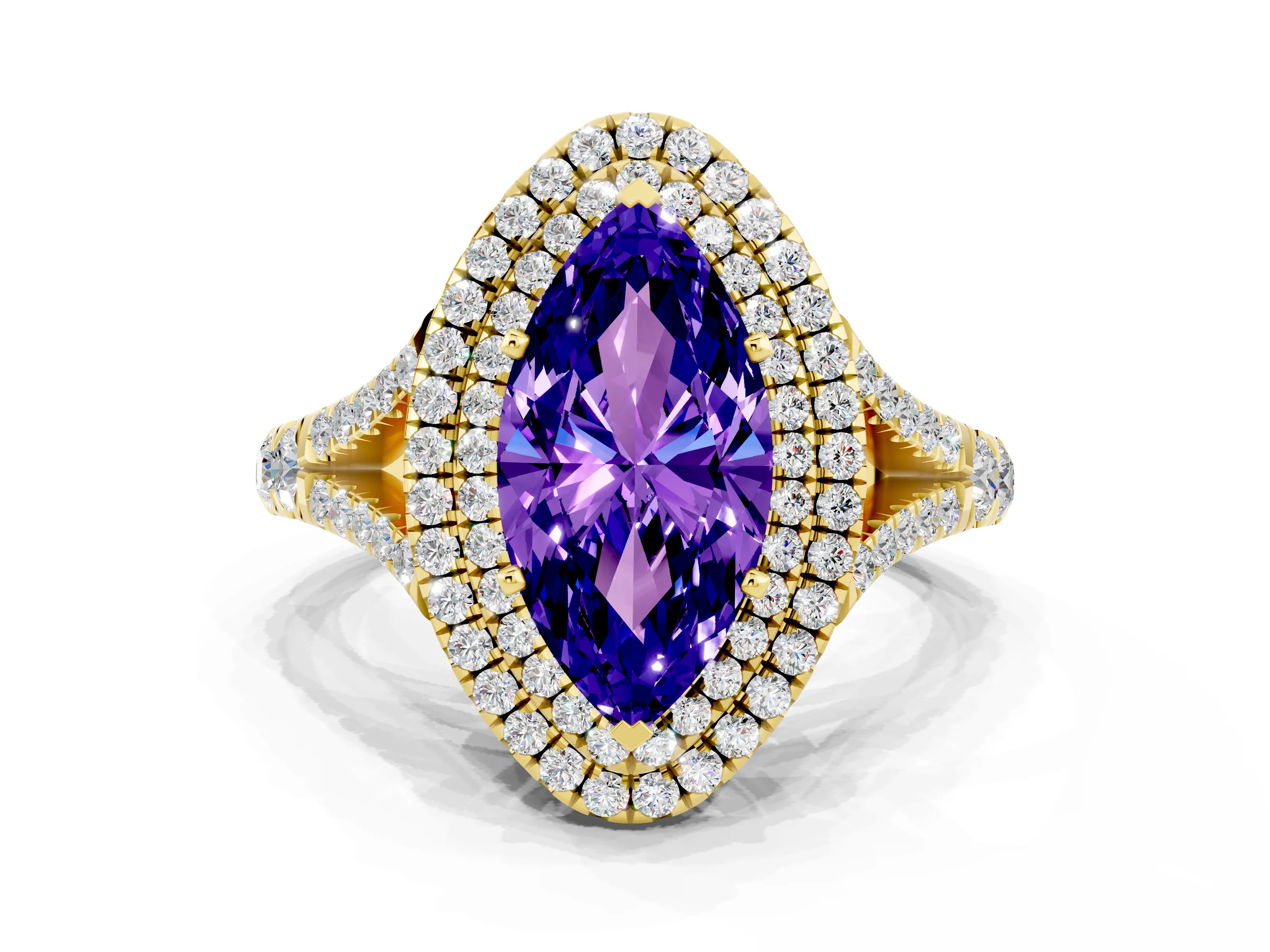 Yellow gold Double Halo Marquise Cut Tanzanite Pavé Split Shank Ring with Prong Setting