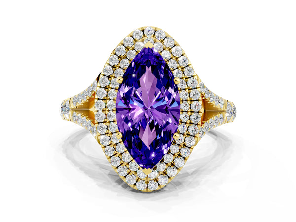 Yellow gold Double Halo Marquise Cut Tanzanite Pavé Split Shank Ring with Prong Setting