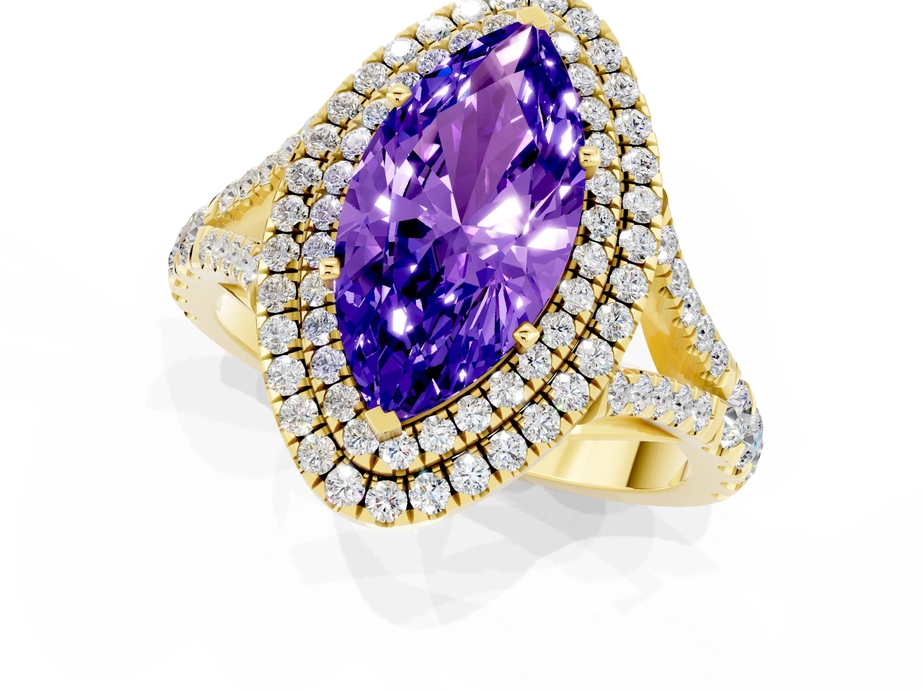 Yellow gold Double Halo Marquise Cut Tanzanite Pavé Split Shank Ring with Prong Setting_1