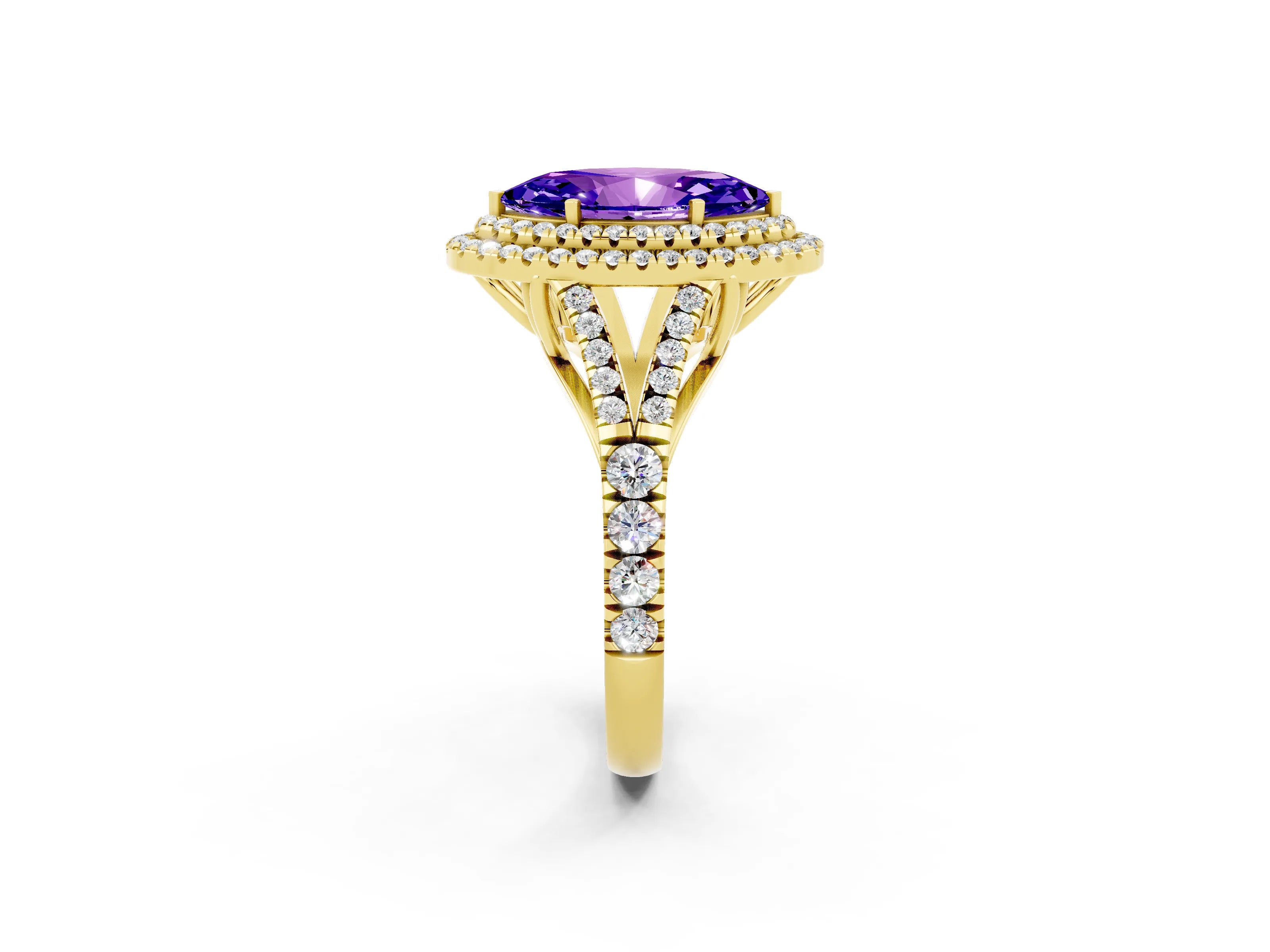 Yellow gold Double Halo Marquise Cut Tanzanite Pavé Split Shank Ring with Prong Setting_2