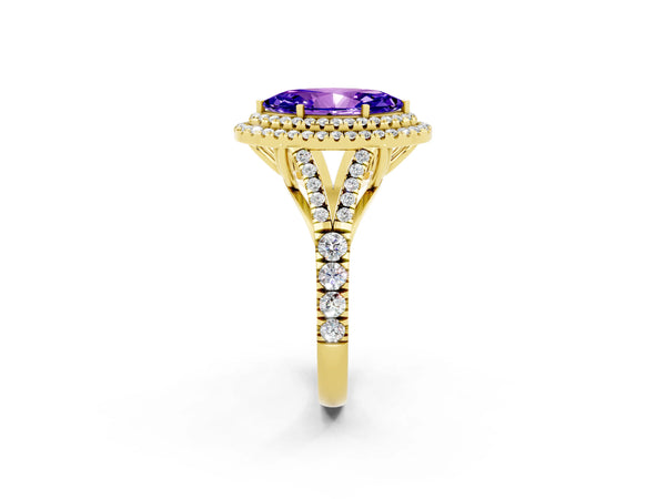 Yellow gold Double Halo Marquise Cut Tanzanite Pavé Split Shank Ring with Prong Setting