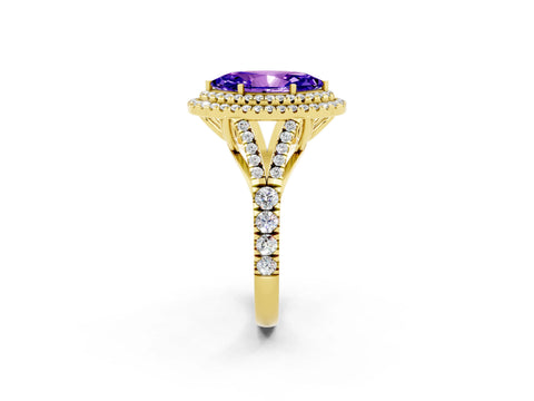 Yellow gold Double Halo Marquise Cut Tanzanite Pavé Split Shank Ring with Prong Setting_2