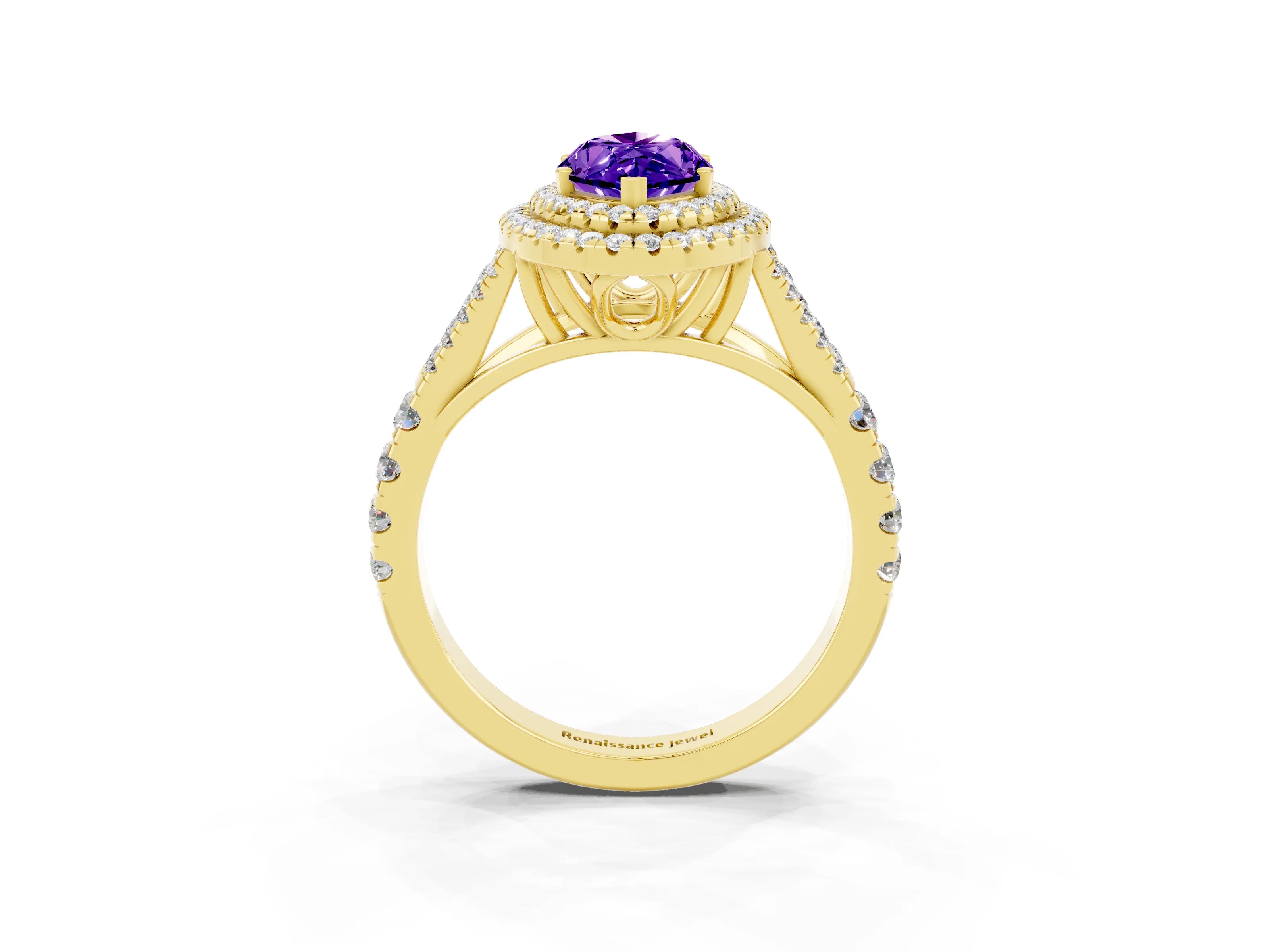 Yellow gold Double Halo Marquise Cut Tanzanite Pavé Split Shank Ring with Prong Setting_3