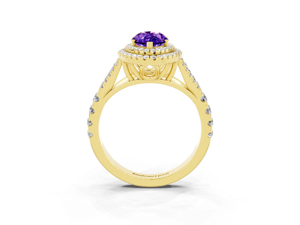 Yellow gold Double Halo Marquise Cut Tanzanite Pavé Split Shank Ring with Prong Setting
