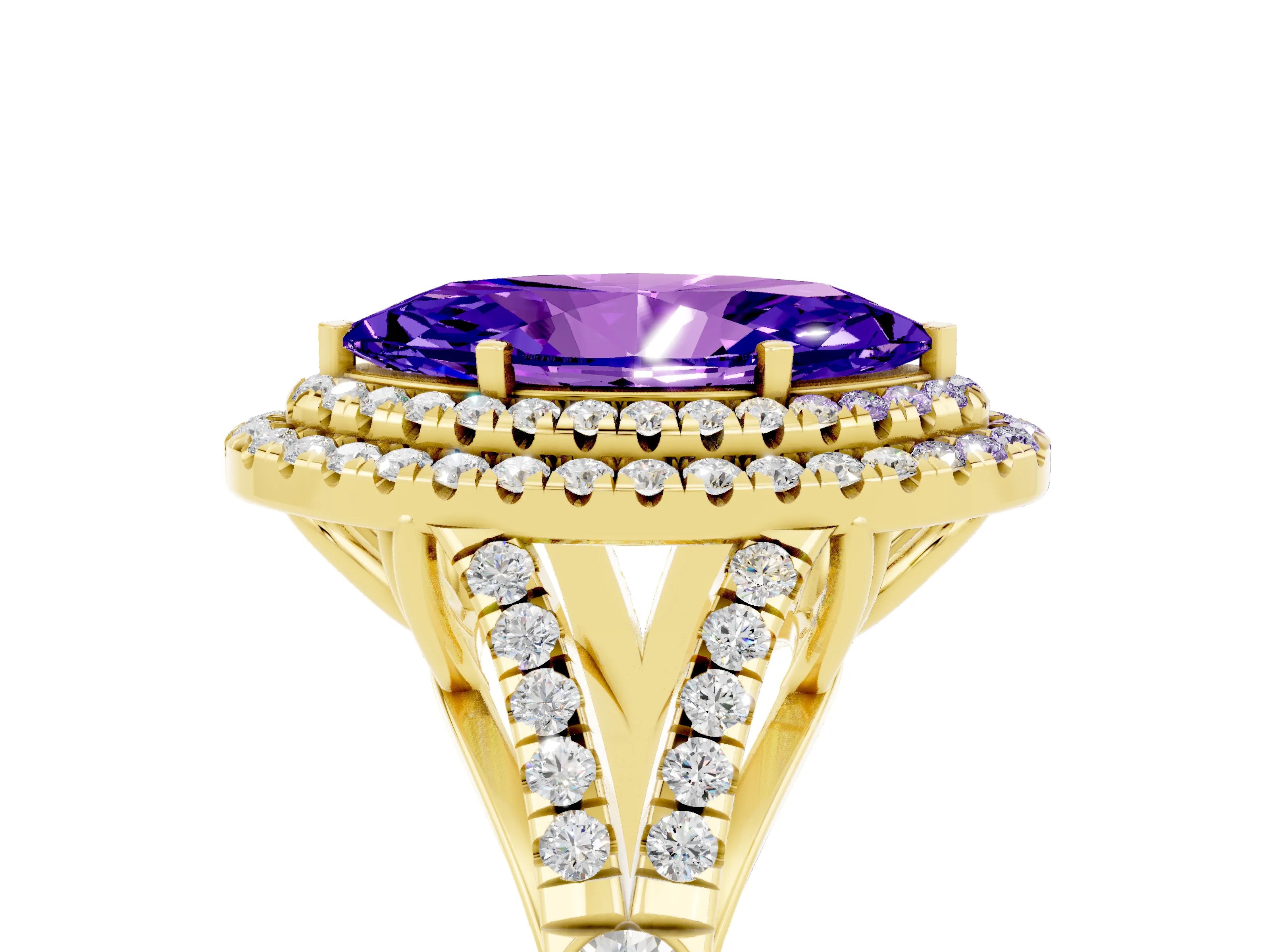 Yellow gold Double Halo Marquise Cut Tanzanite Pavé Split Shank Ring with Prong Setting_5