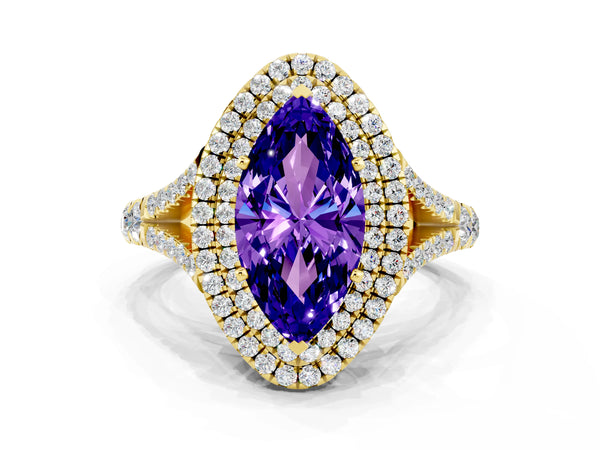 Yellow gold Double Halo Marquise Cut Tanzanite Split Shank Engagement Ring with Four-Prong Setting