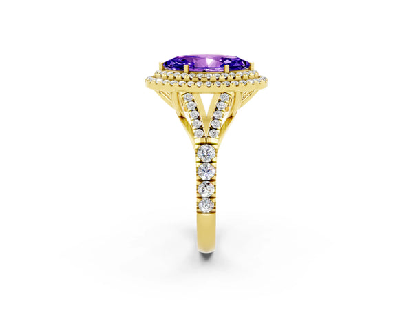 Yellow gold Double Halo Marquise Cut Tanzanite Split Shank Engagement Ring with Four-Prong Setting