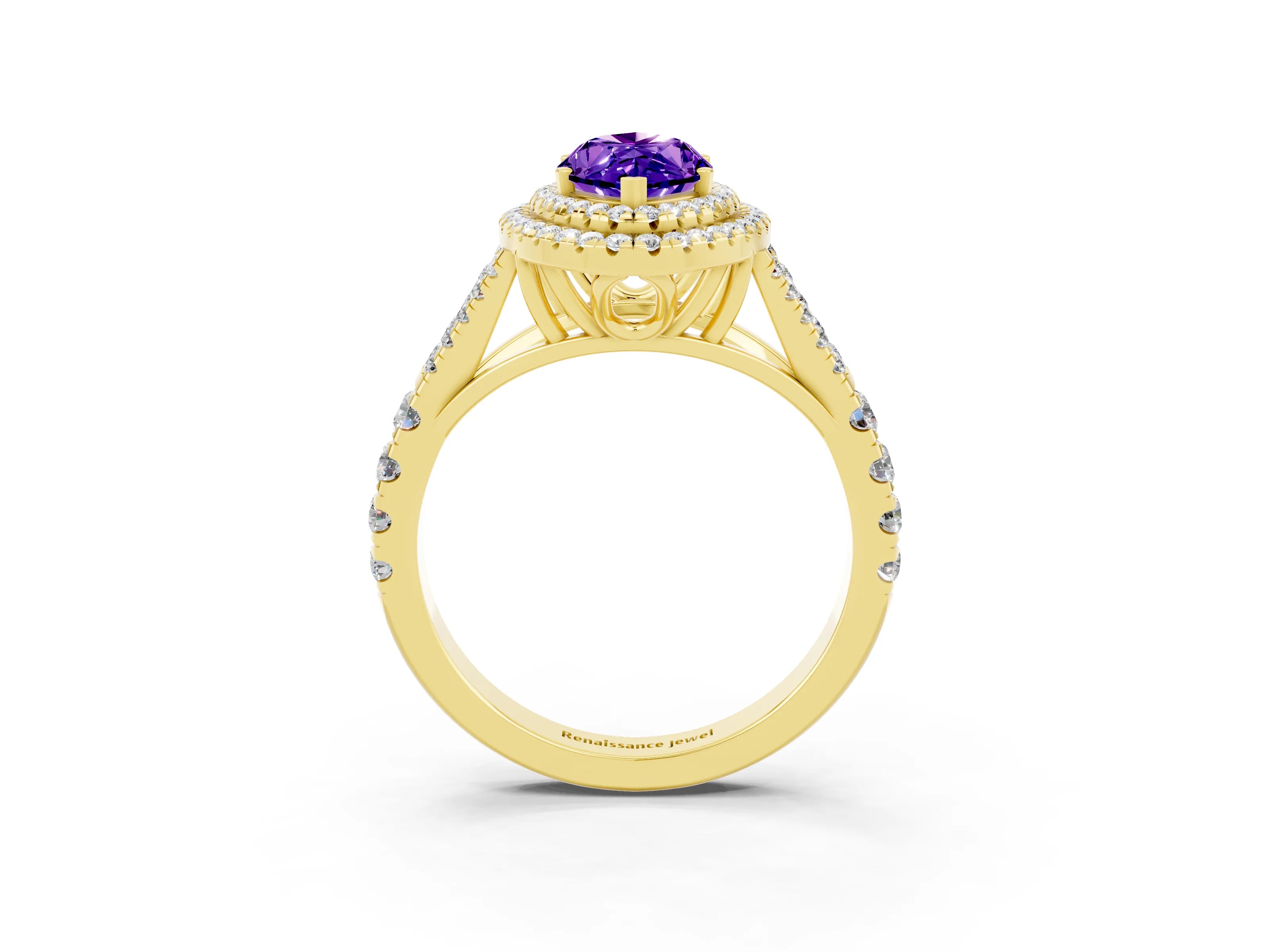 Yellow gold Double Halo Marquise Cut Tanzanite Split Shank Engagement Ring with Four-Prong Setting_3