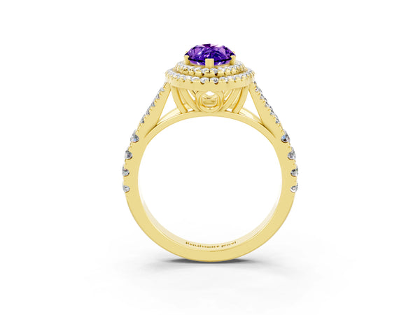 Yellow gold Double Halo Marquise Cut Tanzanite Split Shank Engagement Ring with Four-Prong Setting
