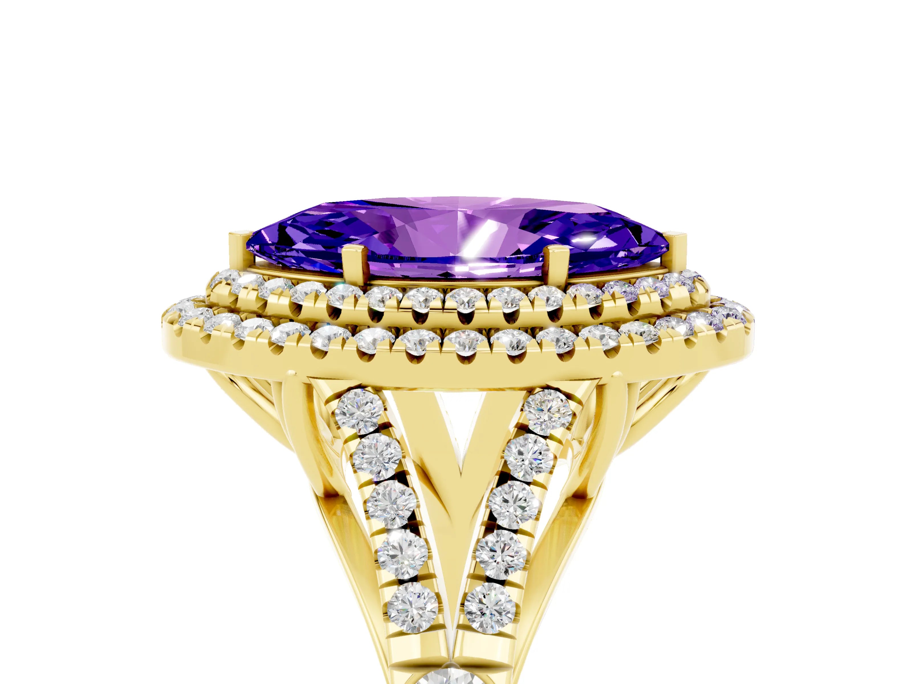 Yellow gold Double Halo Marquise Cut Tanzanite Split Shank Engagement Ring with Four-Prong Setting_5