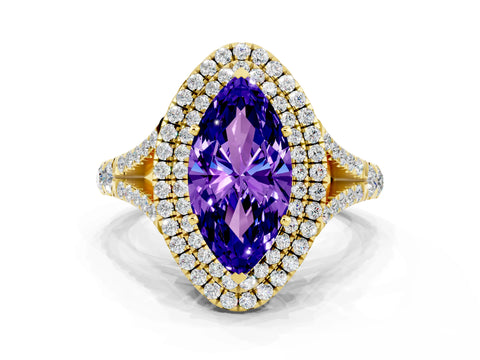 Yellow gold Double Halo Marquise Cut Tanzanite Split Shank Engagement Ring with Four-Prong Setting