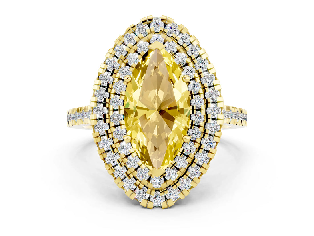 Yellow gold Double Halo Marquise Cut Yellow Sapphire Pavé Band with Four-Prong Setting_24