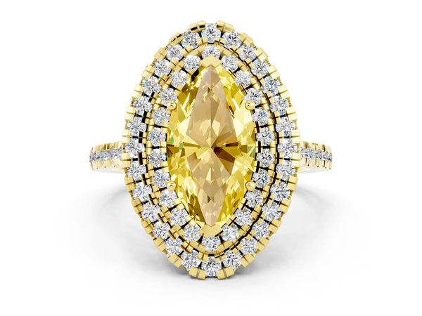 Yellow gold Double Halo Marquise Cut Yellow Sapphire Pavé Band with Four-Prong Setting