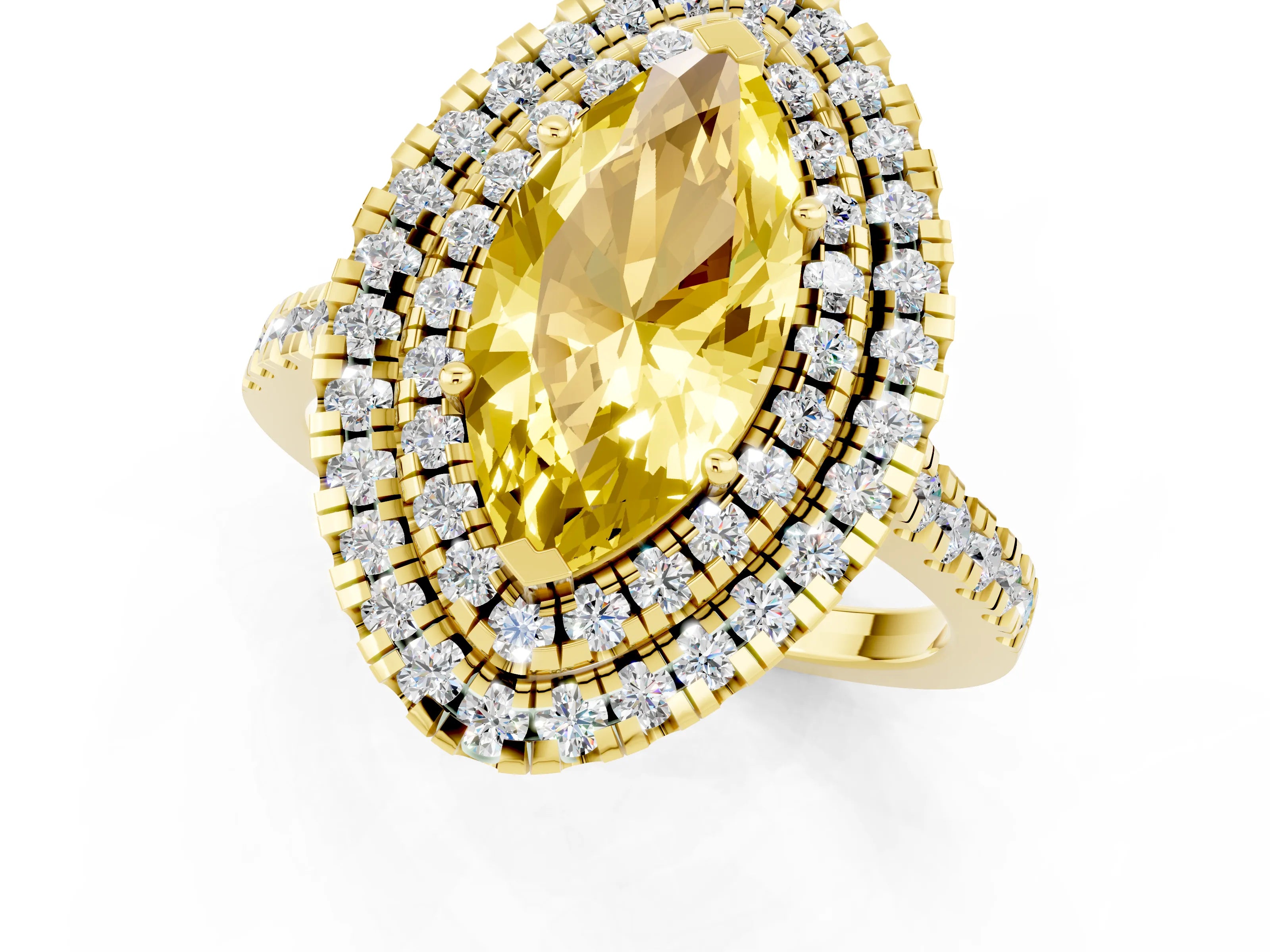 Yellow gold Double Halo Marquise Cut Yellow Sapphire Pavé Band with Four-Prong Setting_25