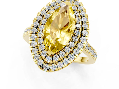 Yellow gold Double Halo Marquise Cut Yellow Sapphire Pavé Band with Four-Prong Setting_25