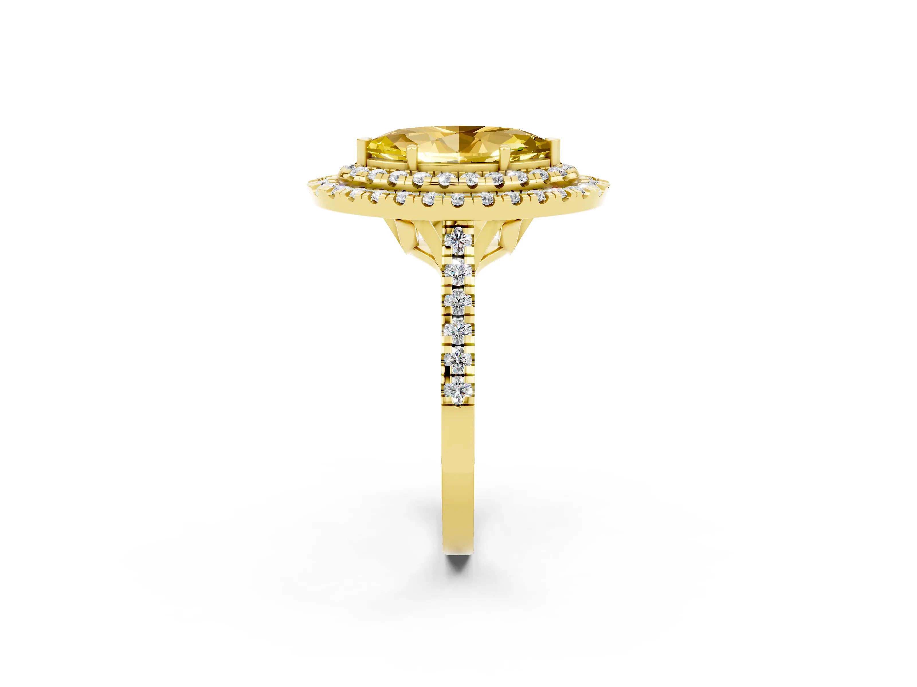 Yellow gold Double Halo Marquise Cut Yellow Sapphire Pavé Band with Four-Prong Setting_26