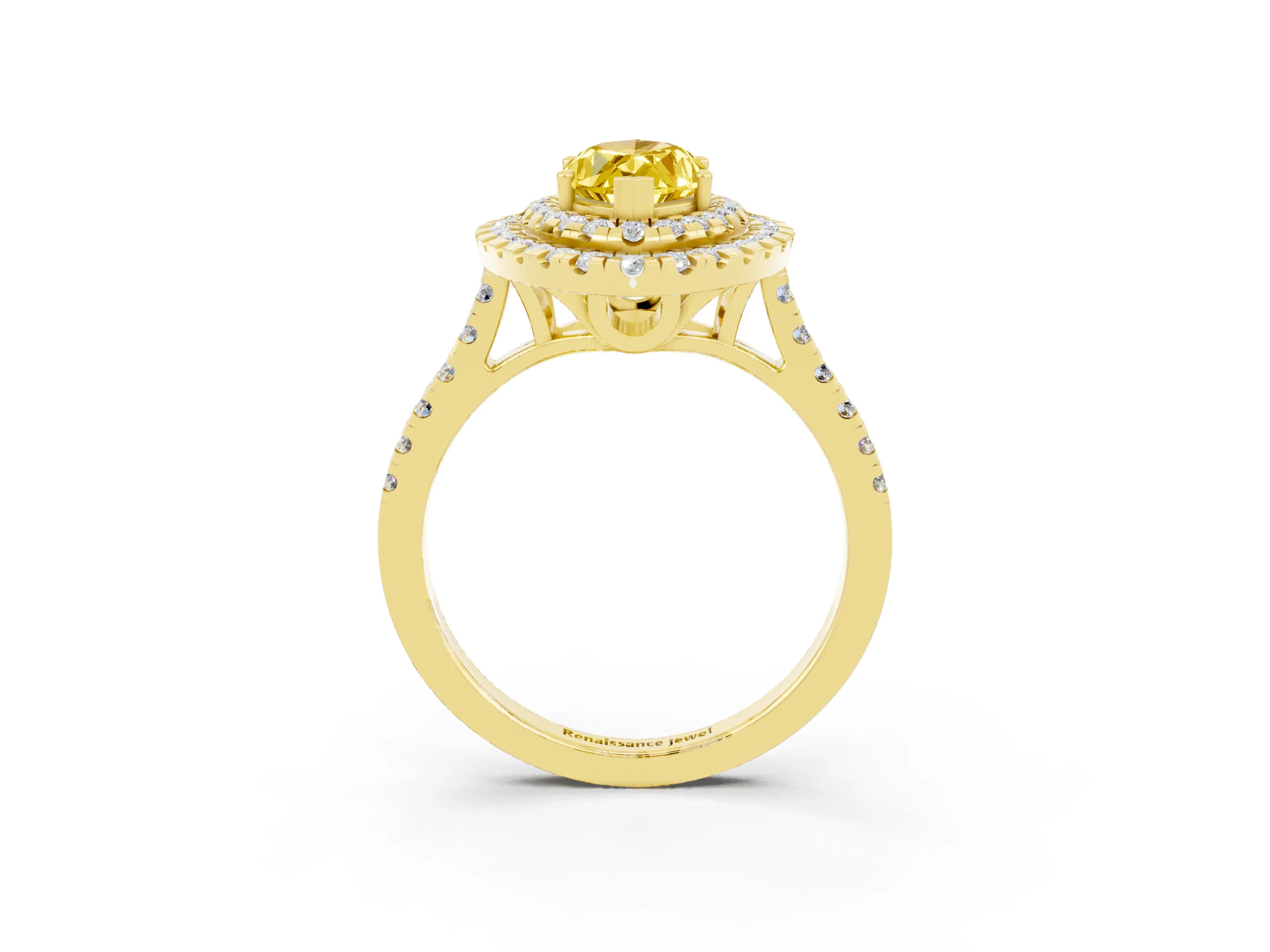 Yellow gold Double Halo Marquise Cut Yellow Sapphire Pavé Band with Four-Prong Setting_27