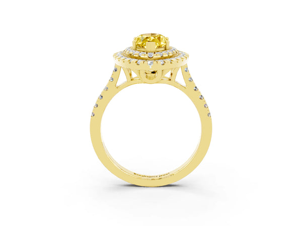 Yellow gold Double Halo Marquise Cut Yellow Sapphire Pavé Band with Four-Prong Setting