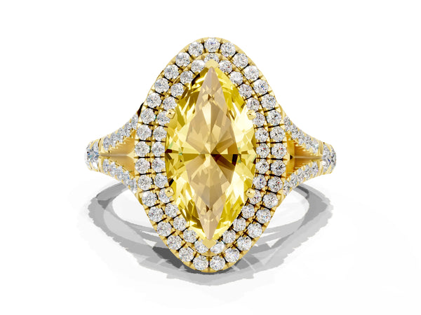 Yellow gold Double Halo Marquise Cut Yellow Sapphire Pavé Split Shank Ring with Prong Setting