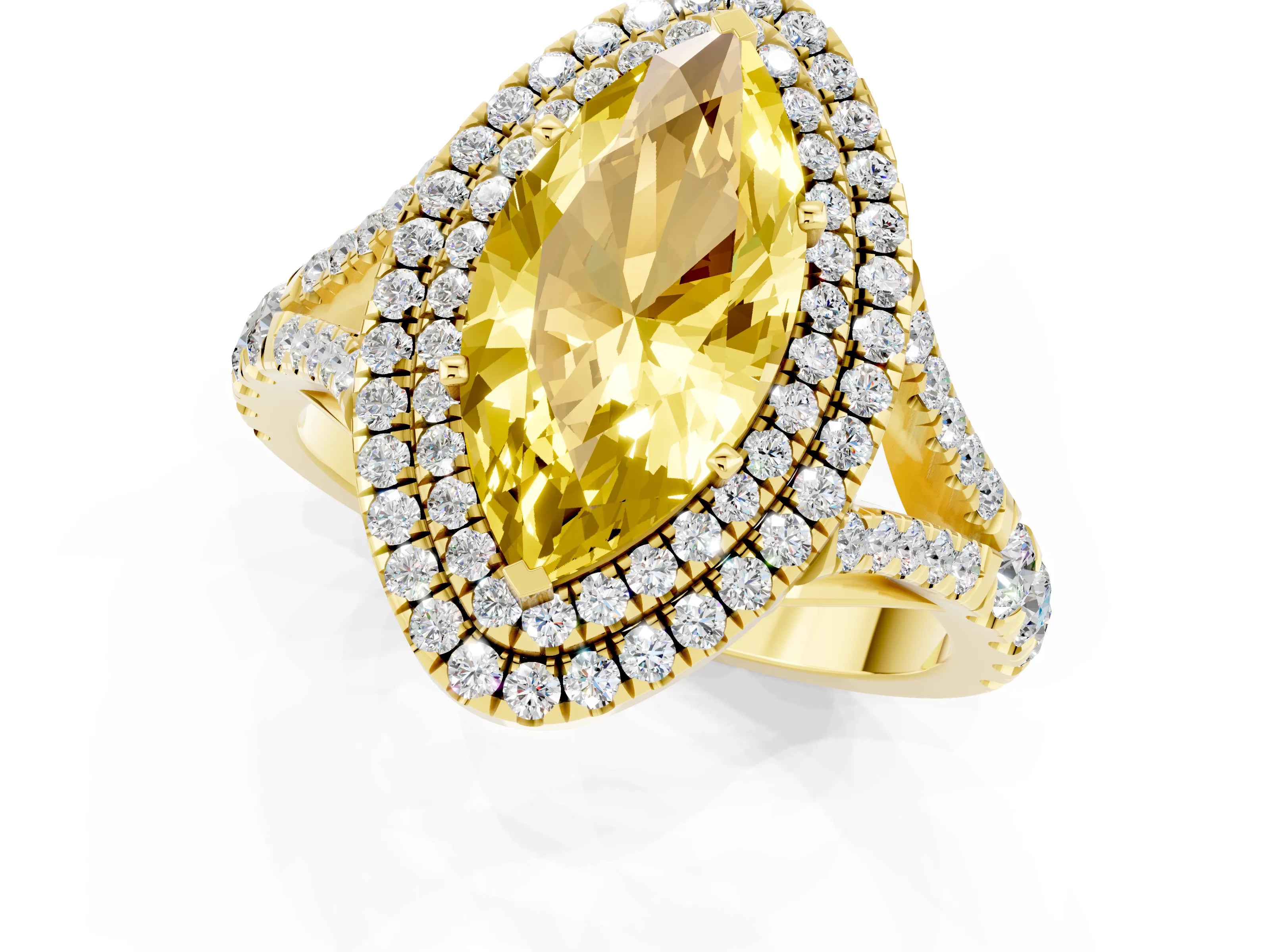 Yellow gold Double Halo Marquise Cut Yellow Sapphire Pavé Split Shank Ring with Prong Setting_1