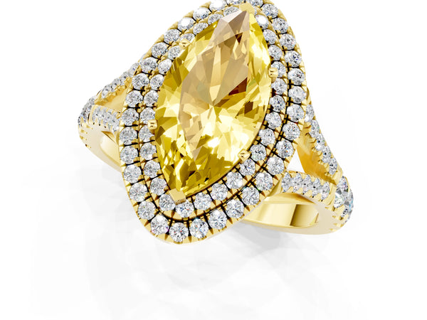 Yellow gold Double Halo Marquise Cut Yellow Sapphire Pavé Split Shank Ring with Prong Setting