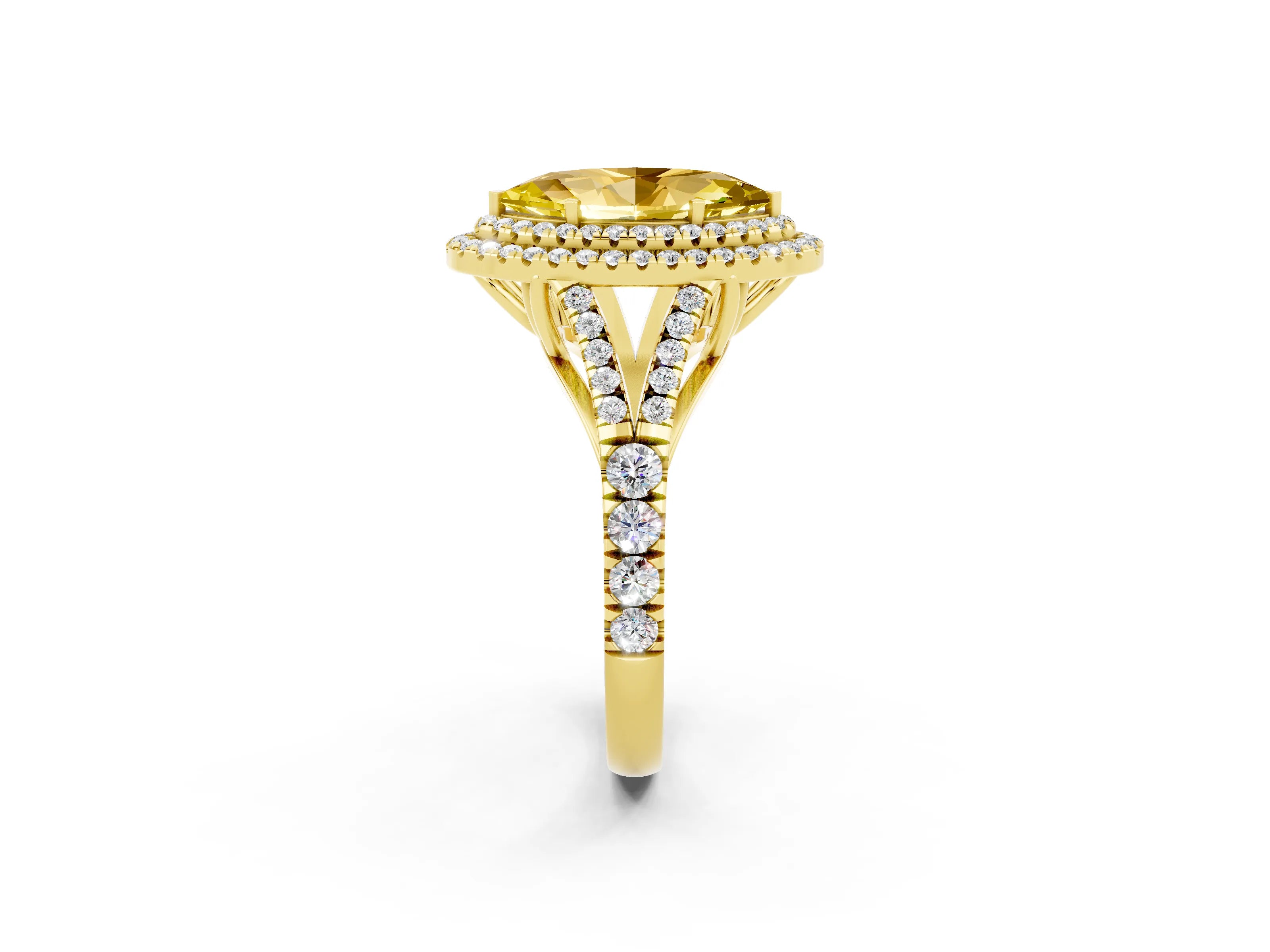 Yellow gold Double Halo Marquise Cut Yellow Sapphire Pavé Split Shank Ring with Prong Setting_2