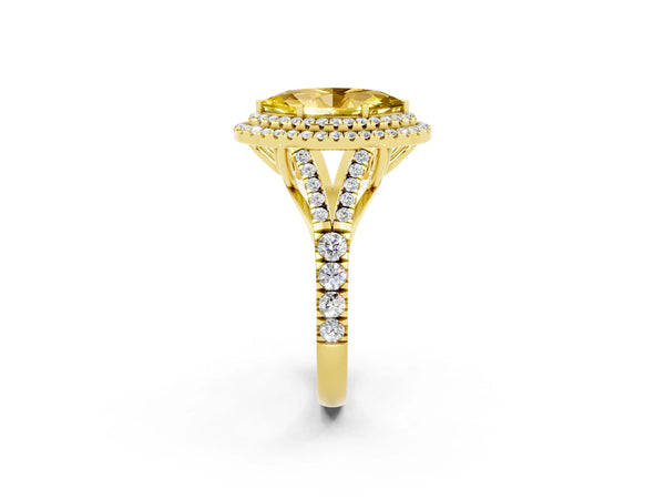 Yellow gold Double Halo Marquise Cut Yellow Sapphire Pavé Split Shank Ring with Prong Setting