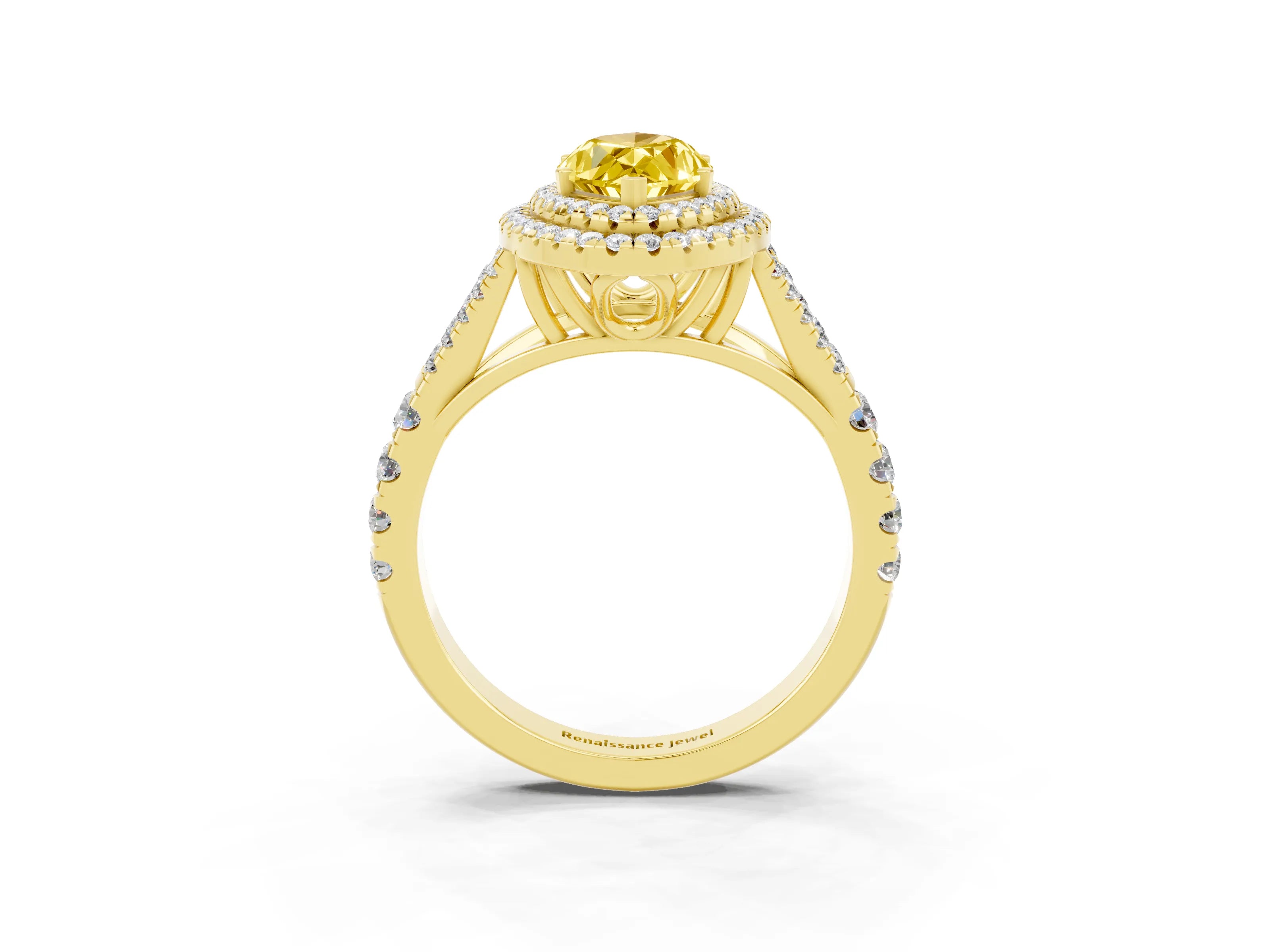 Yellow gold Double Halo Marquise Cut Yellow Sapphire Pavé Split Shank Ring with Prong Setting_3