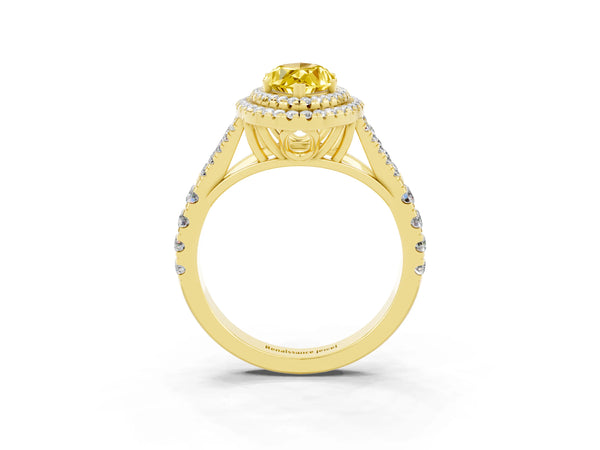 Yellow gold Double Halo Marquise Cut Yellow Sapphire Pavé Split Shank Ring with Prong Setting