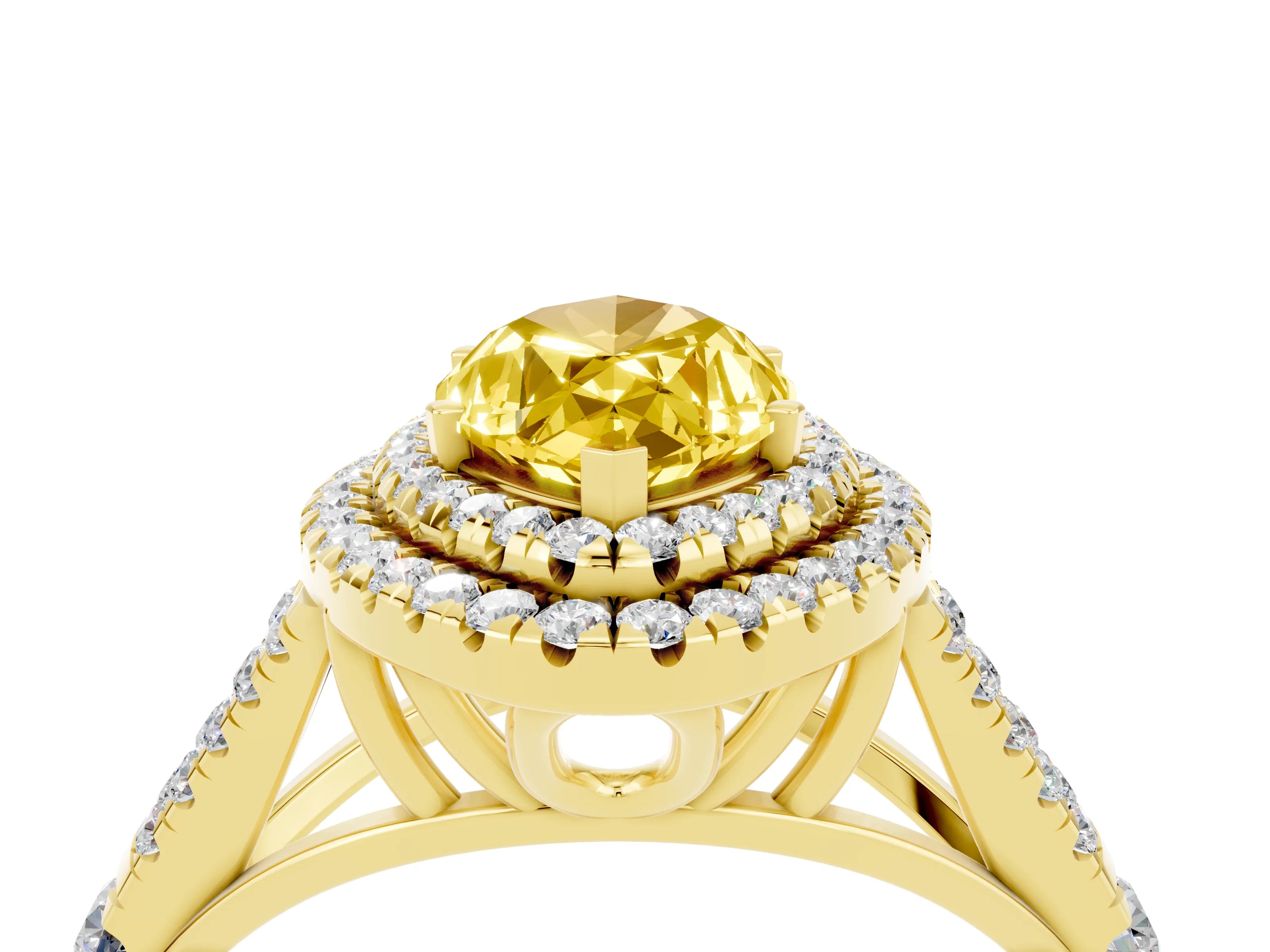 Yellow gold Double Halo Marquise Cut Yellow Sapphire Pavé Split Shank Ring with Prong Setting_4